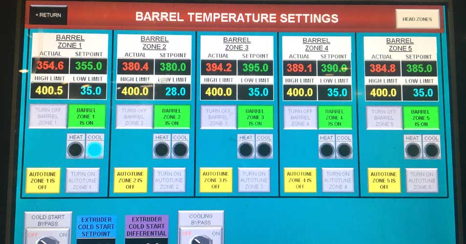 Barrel temperature settings on an extruder control screen