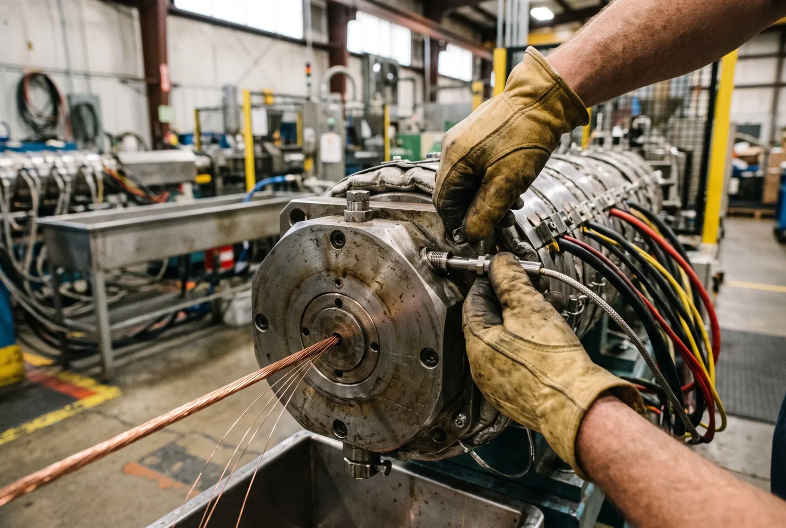 Gloved hands seating a thermocouple probe in an extruder crosshead wrapped in band heaters